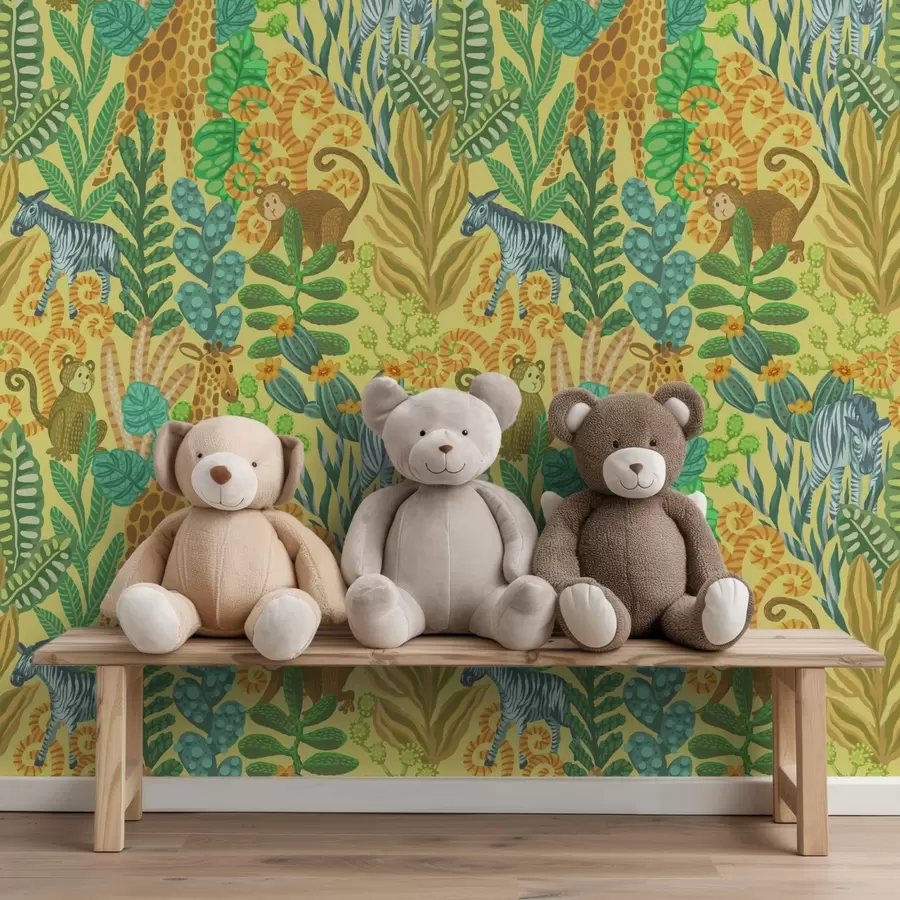 murales de pared Jirafa, cebra y mono en una sabana de color amarillo brillante. a01000v1