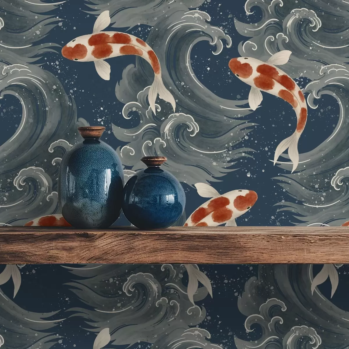 Papel pintado Peces koi nadando entre espectaculares olas oceánicas. a01019