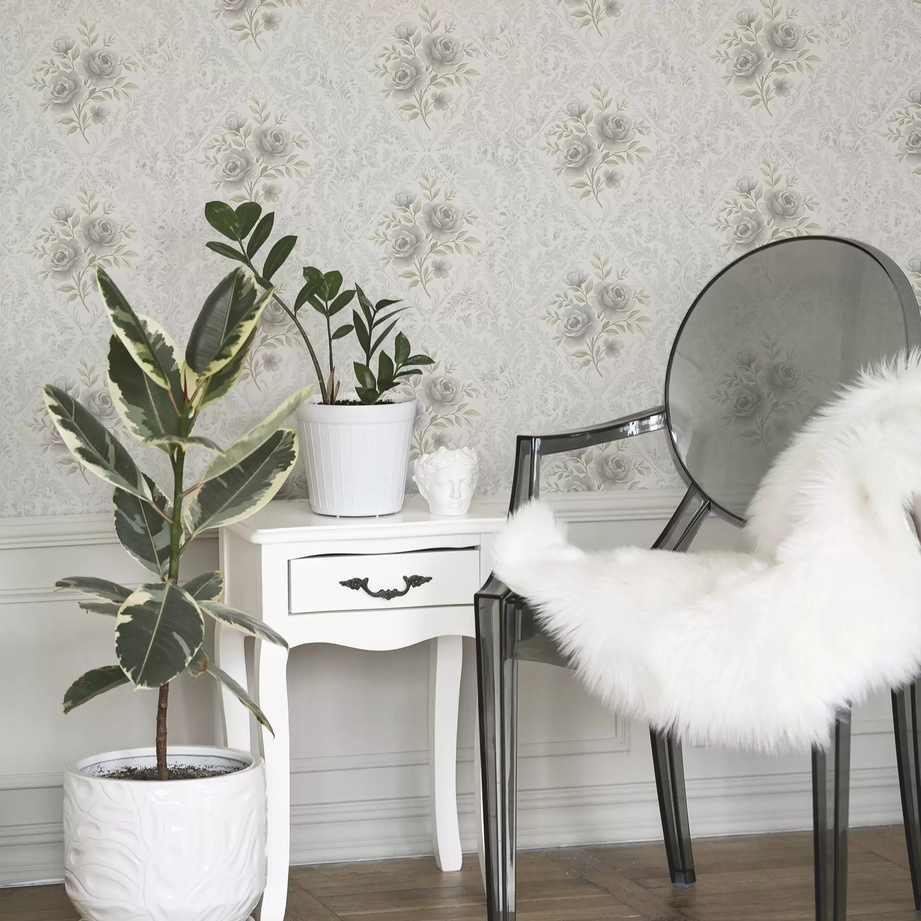 murales de pared Diseño damasco claro con rosas grises en rombos suaves a01024