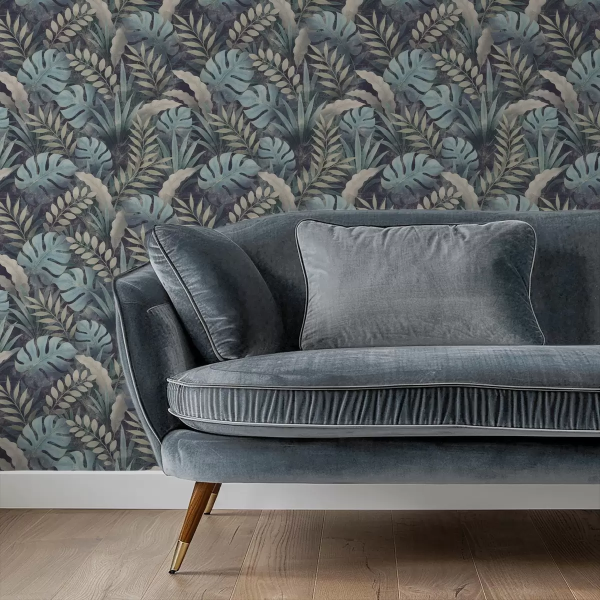 Papel pintado Follaje tropical en tonos azul verdosos fríos. a01035