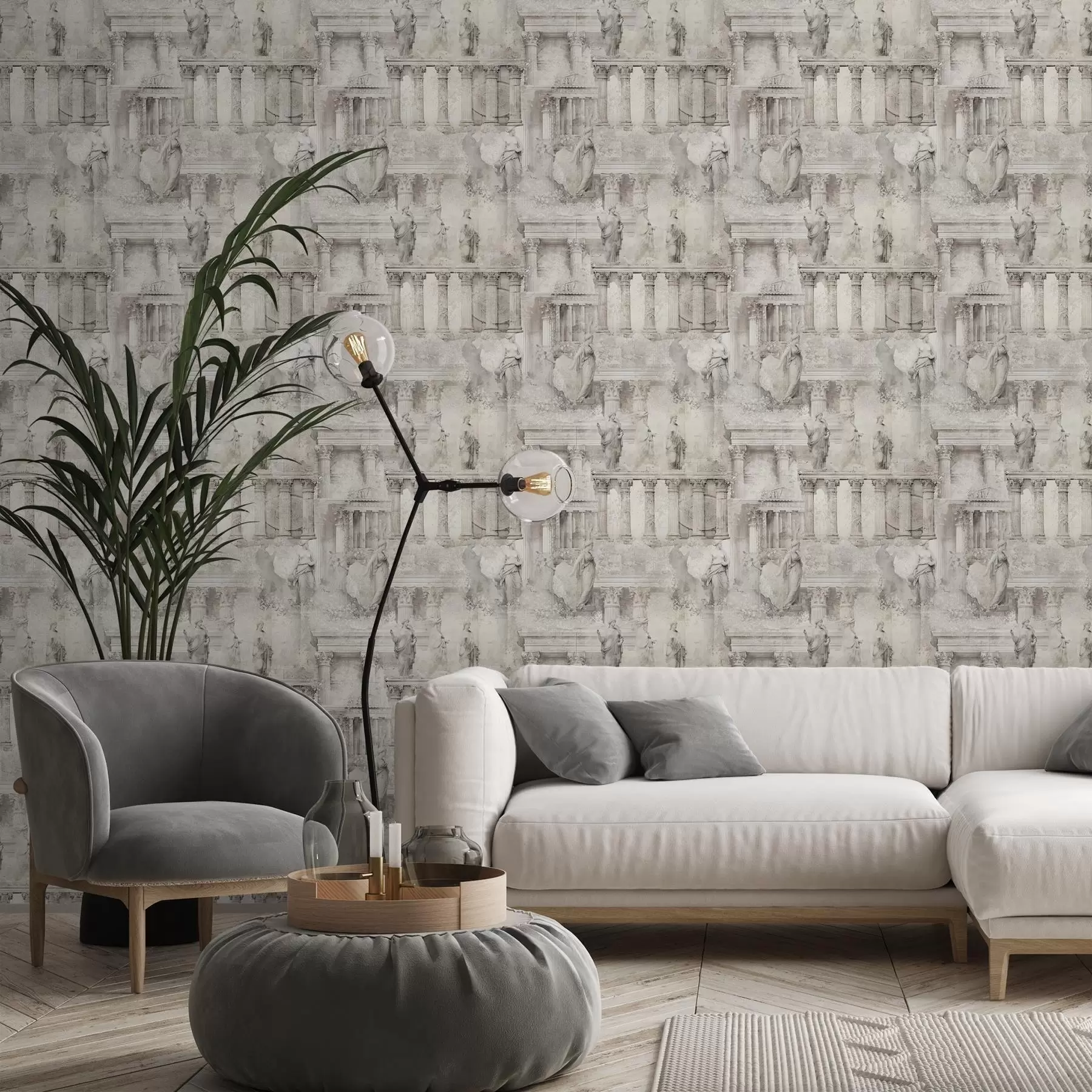 murales de pared Estatuas y columnas antiguas en suaves tonos beige grisáceos a01041