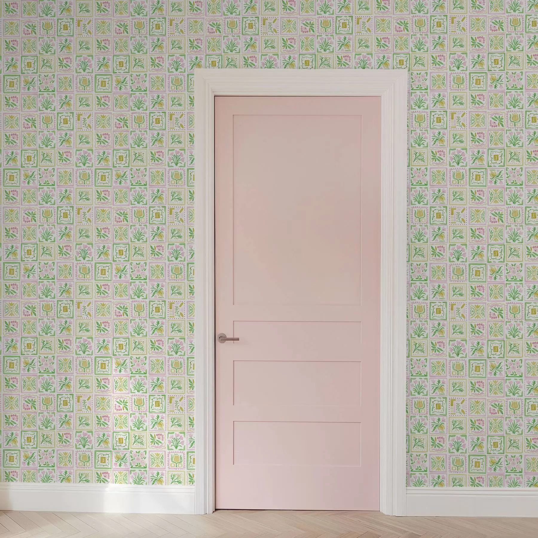 murales de pared Cuadrados acuarelados con ramas rosas y verdes a01082