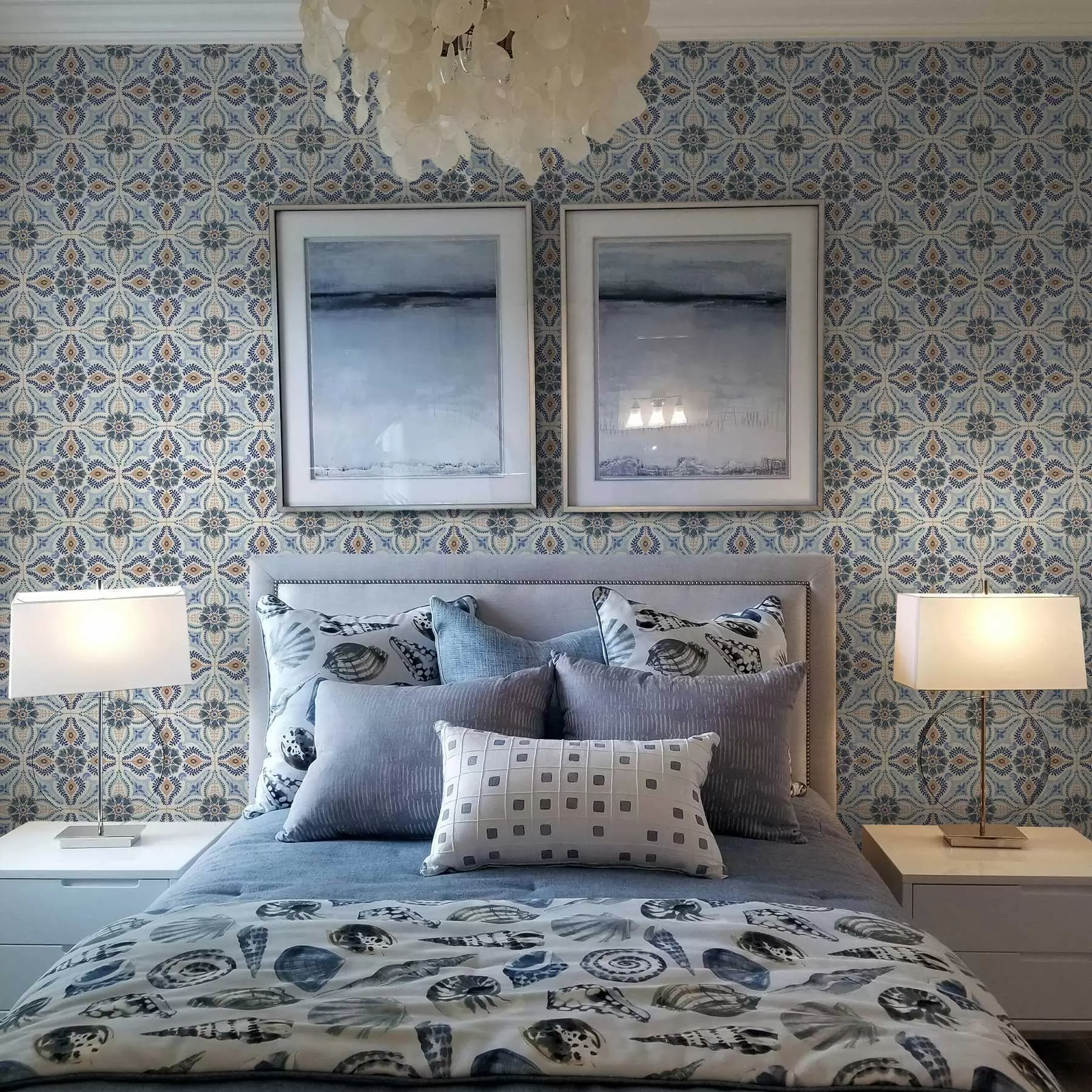 murales de pared Adorno estilo azulejo azul-beige pintado en acuarela a01085