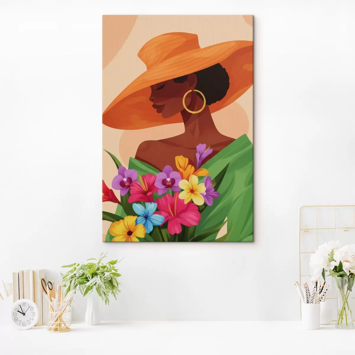 murales de pared Chica con sombrero y flores s46843