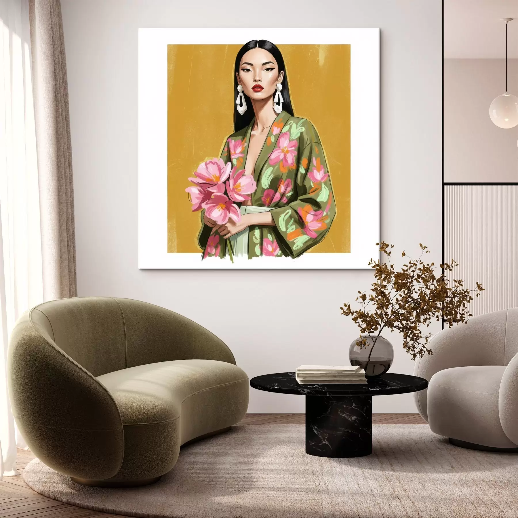 murales de pared Chica con un ramo de flores s46850