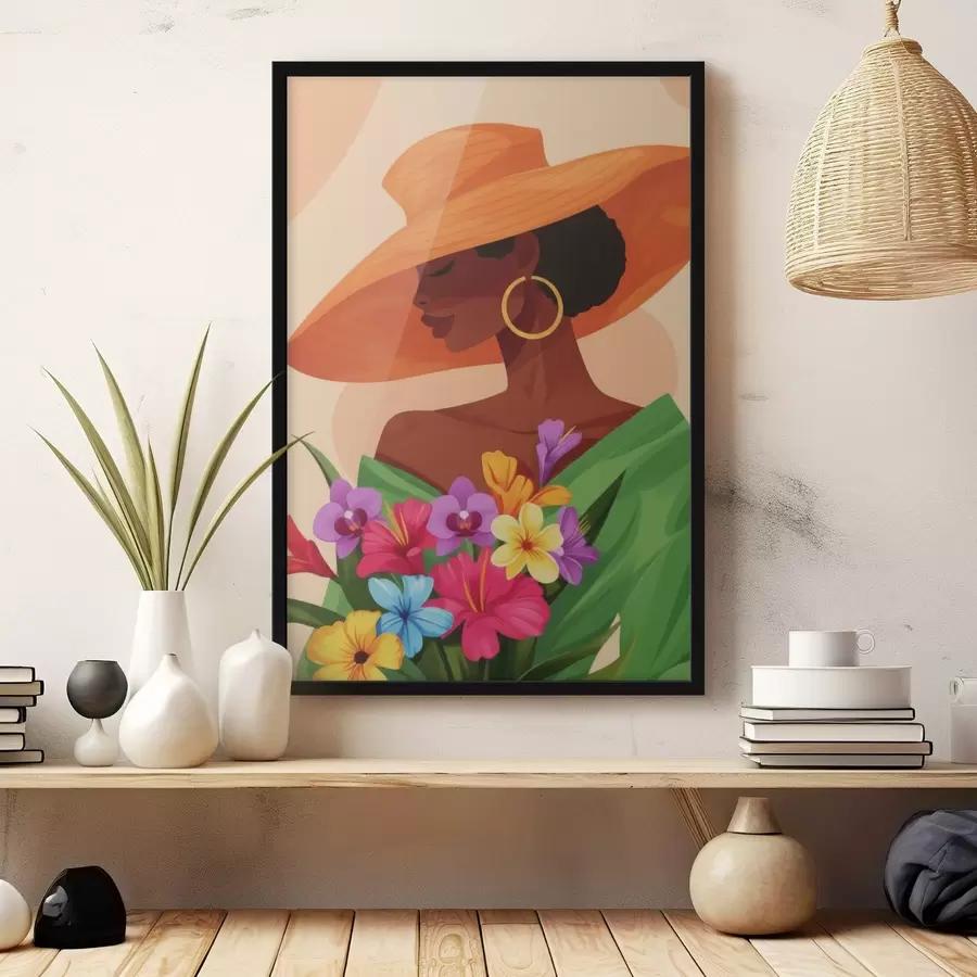 murales de pared Chica con sombrero y flores f46843