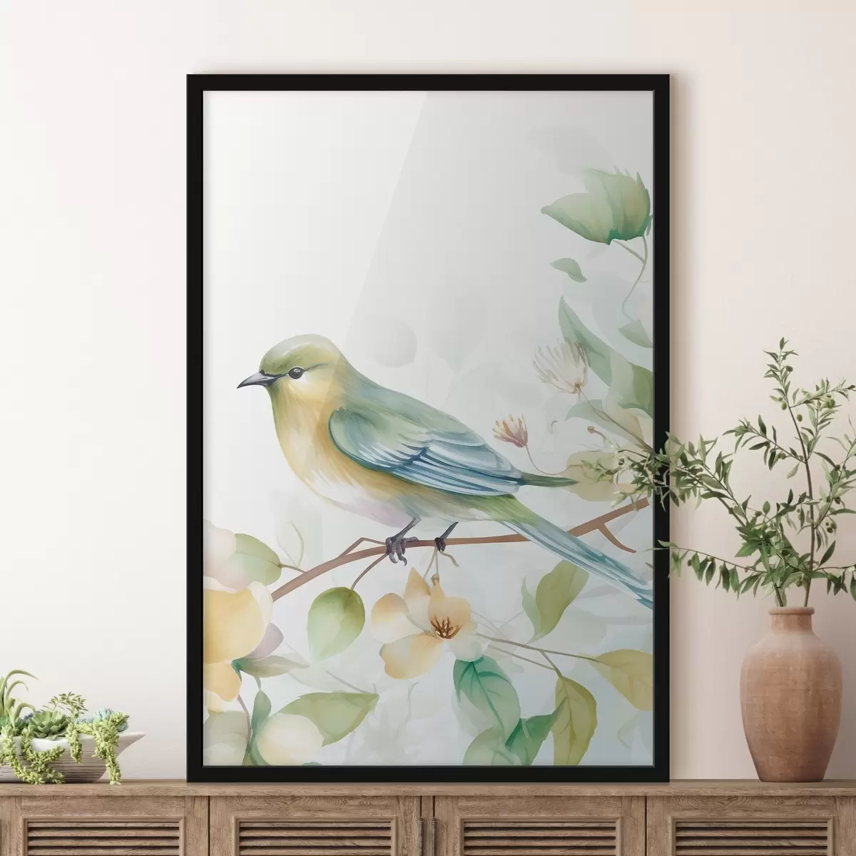 Poster Herrerillo en una rama, imitación acuarela f46892