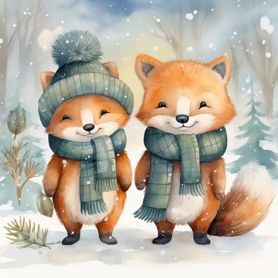 murales de pared Dos zorritos, imitación acuarela f46969