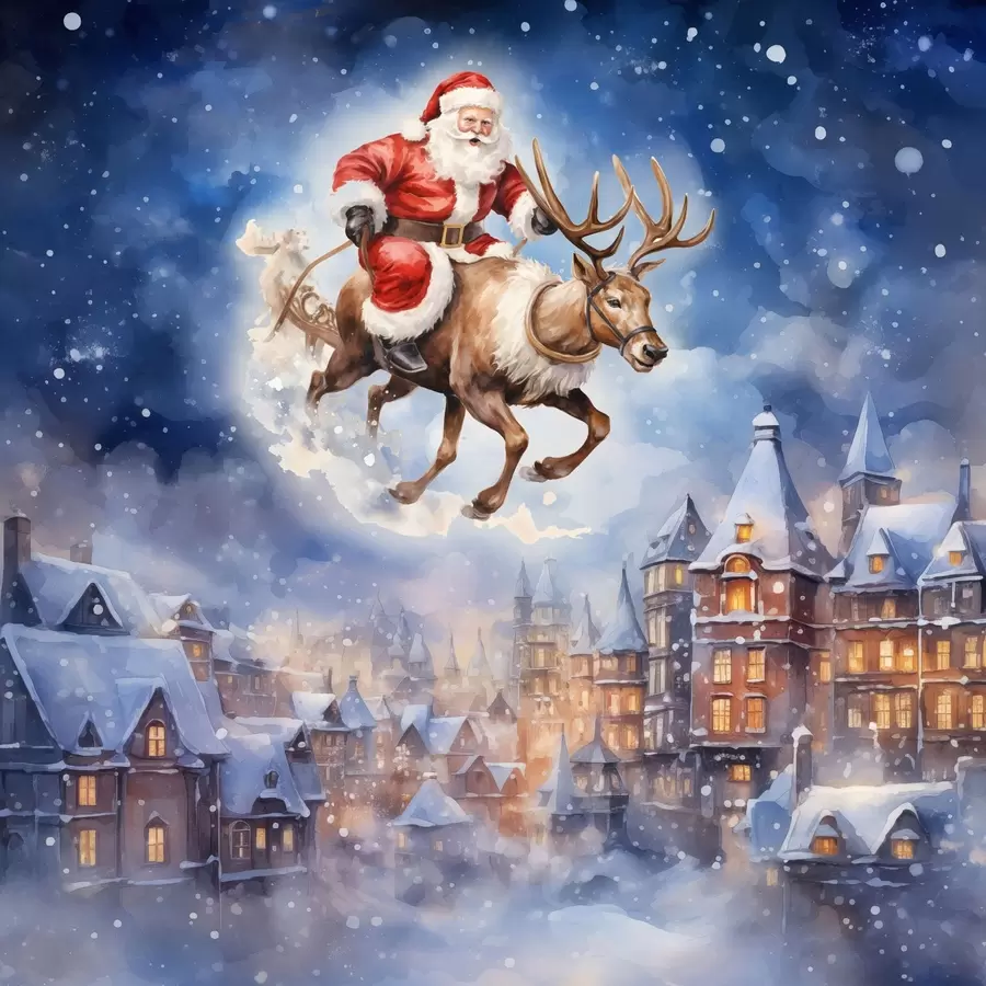 murales de pared Año Nuevo de cuento de hadas, Papá Noel en un trineo f46972