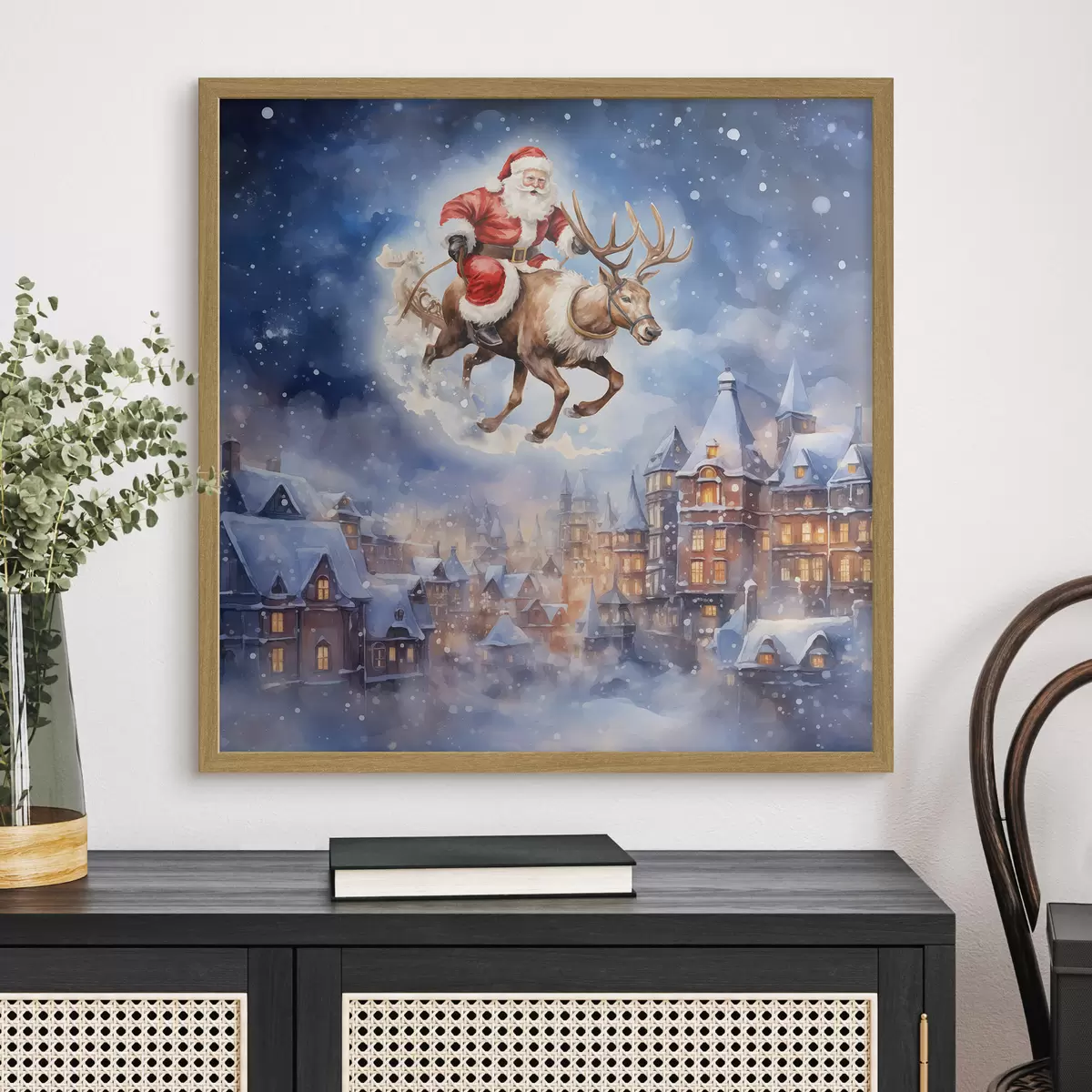 Poster Año Nuevo de cuento de hadas, Papá Noel en un trineo f46972