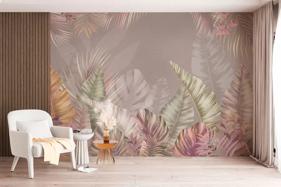 murales de pared Hojas tropicales en suaves tonos pastel w01684