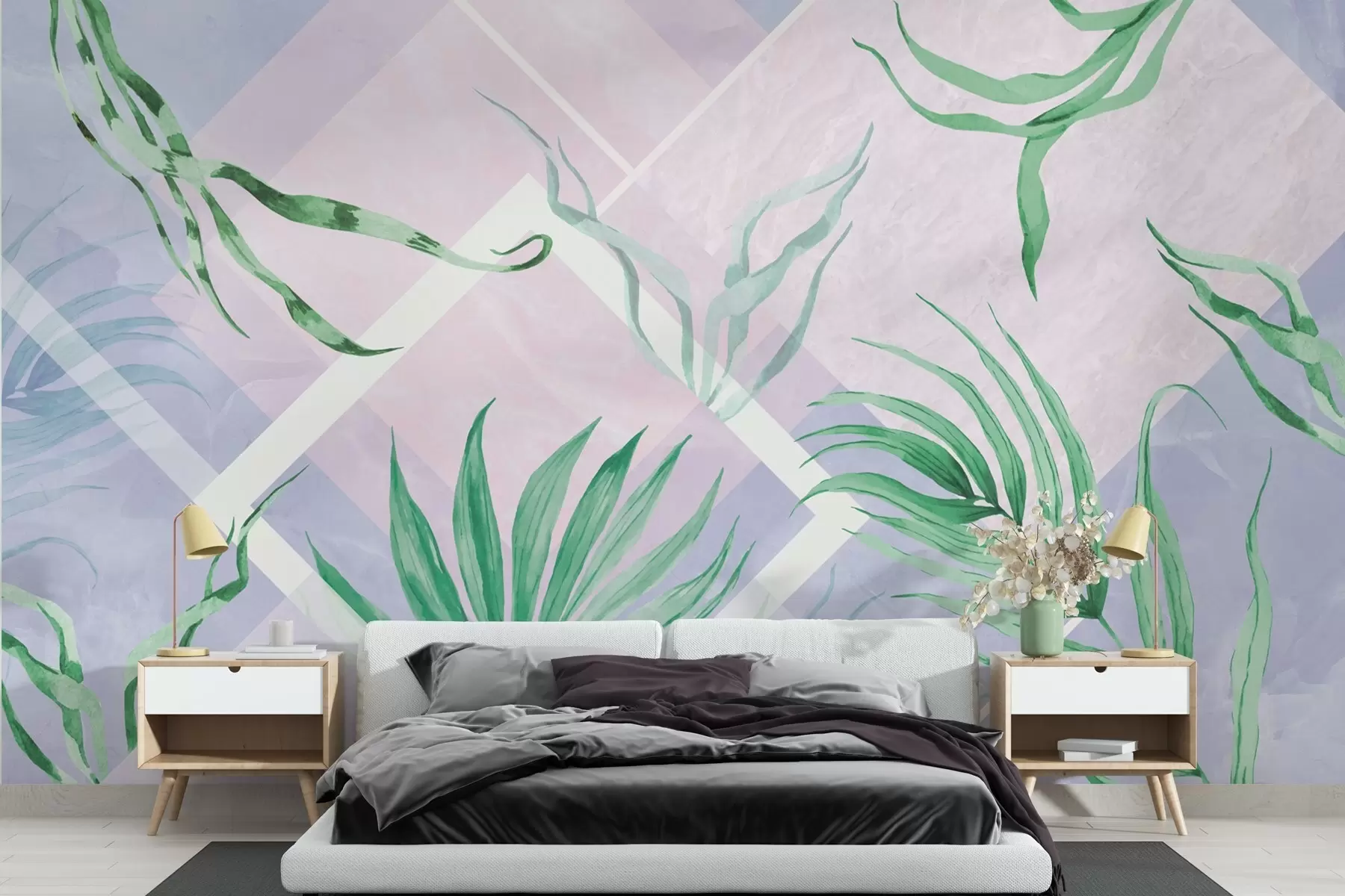 murales de pared Exuberante vegetación sobre un suave fondo pastel w01625