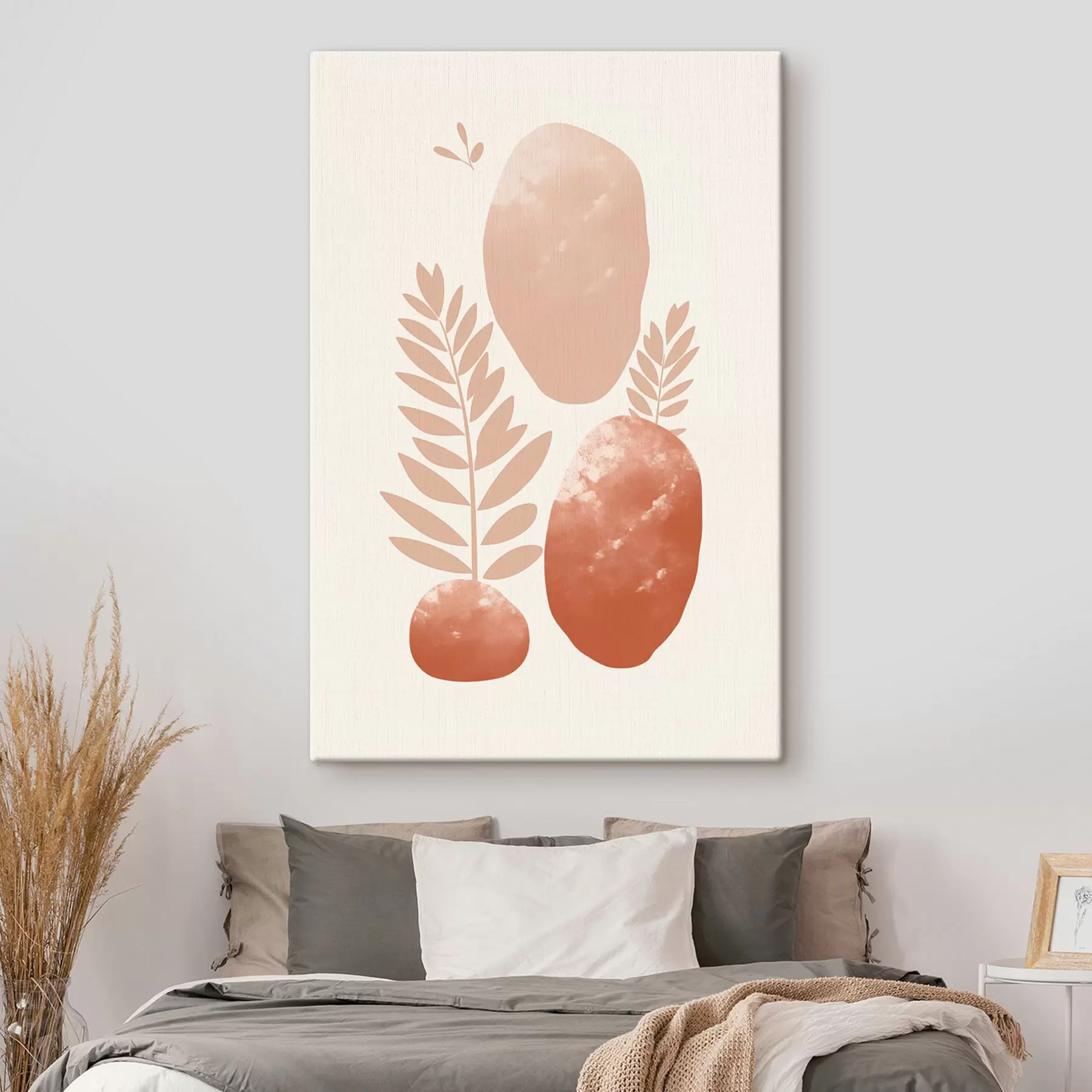 murales de pared Formas abstractas, piedras y hojas con textura en tonos melocotón y terracota apagados, minimalistas, fondo crema s47012