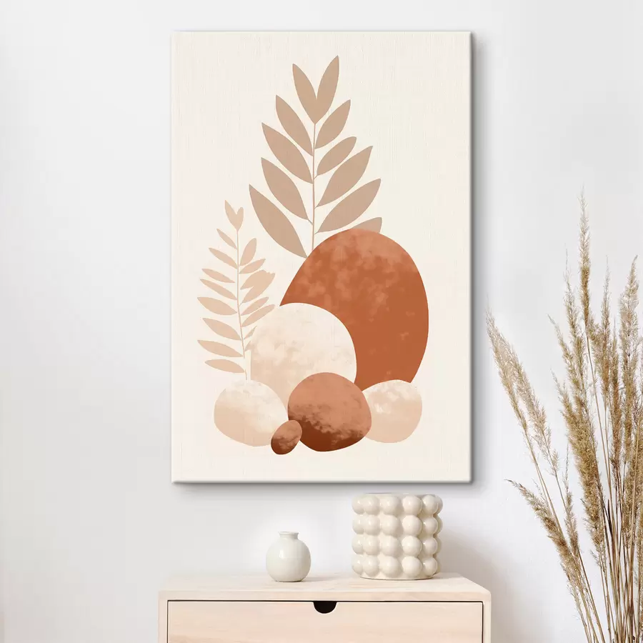 murales de pared Formas abstractas, piedras y hojas con textura en tonos melocotón y terracota apagados, minimalistas, fondo crema. s47013