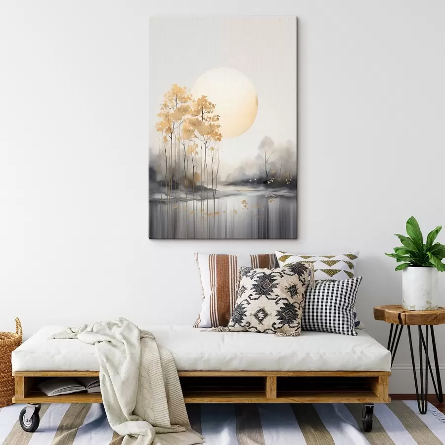 murales de pared Paisaje abstracto decorativo, árboles altos con hojas amarillas, un río y niebla al fondo. s47014