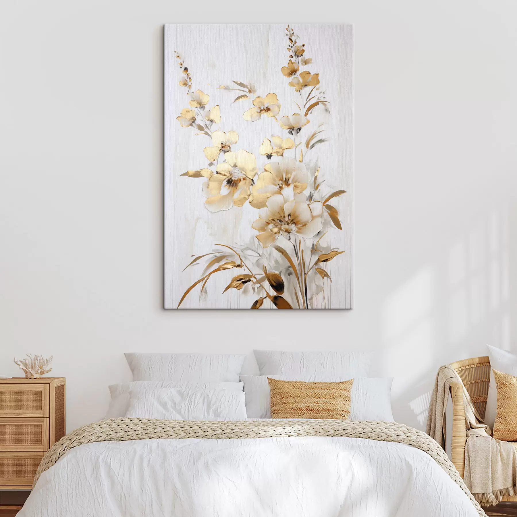 murales de pared Flores y hojas amarillas con textura sobre fondo blanco, con delicadas pinceladas s47016