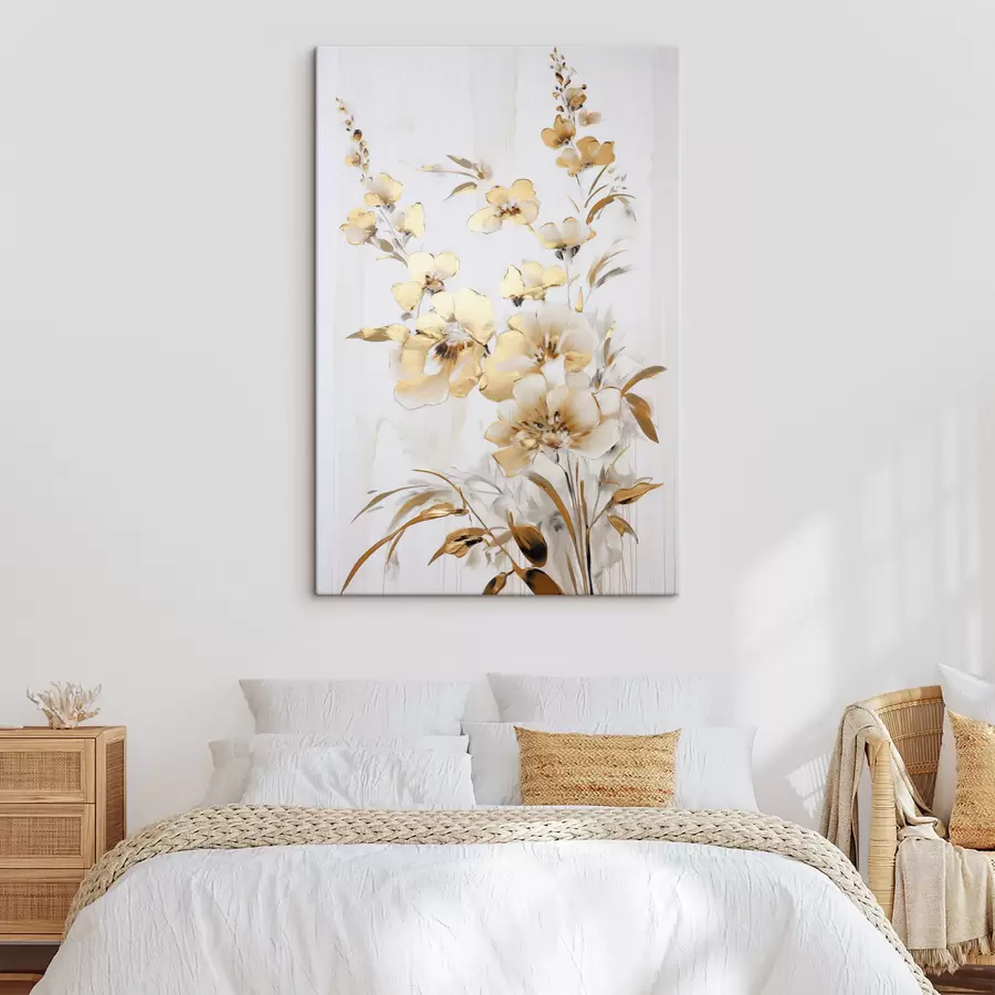 murales de pared Flores y hojas amarillas con textura sobre fondo blanco, con delicadas pinceladas. s47016