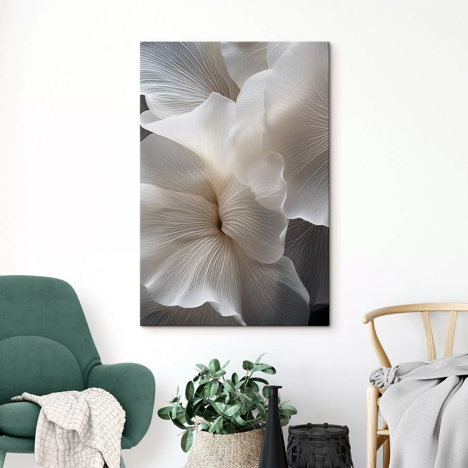 murales de pared Primer plano de delicados pétalos florales blancos abstractos con líneas intrincadas y un fondo oscuro difuminado s47019
