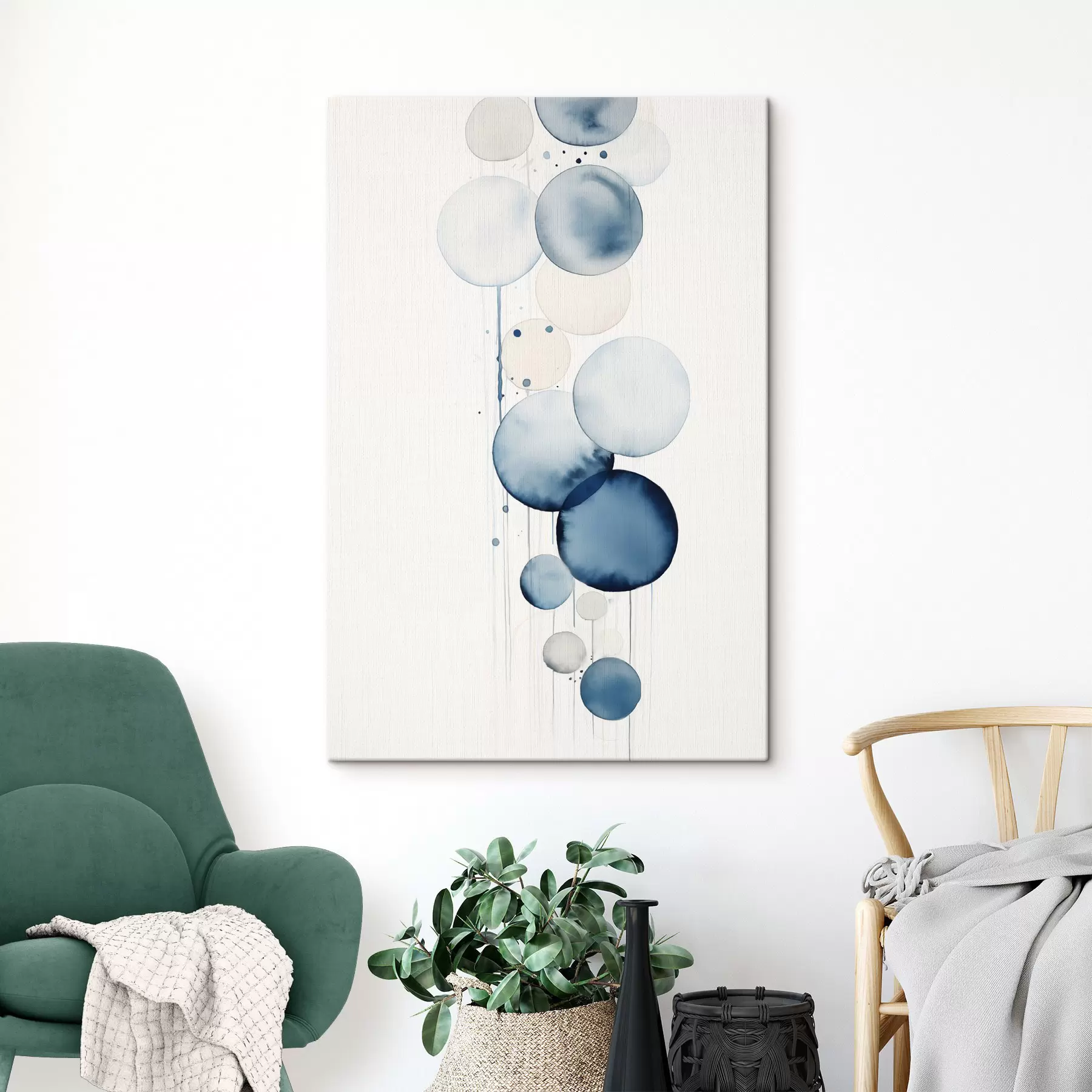 murales de pared Círculos abstractos con textura azul y blanca en acuarela de diferentes tamaños, sobre fondo blanco s47020