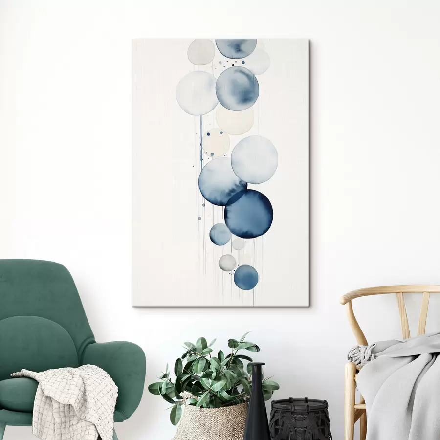 murales de pared Círculos abstractos con textura azul y blanca en acuarela de diferentes tamaños, sobre fondo blanco. s47020