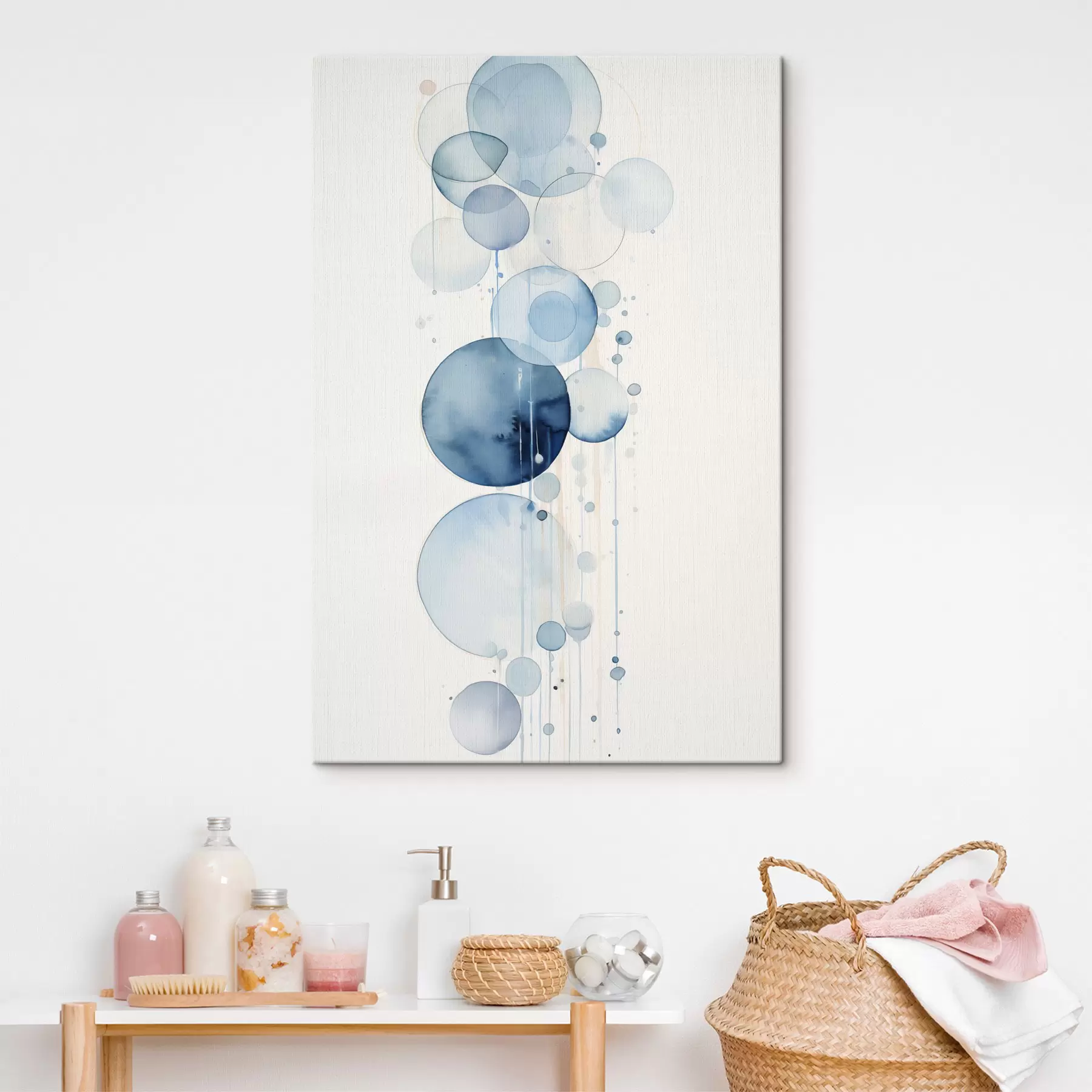 murales de pared Círculos abstractos con textura azul y blanca en acuarela de diferentes tamaños, sobre fondo blanco s47021