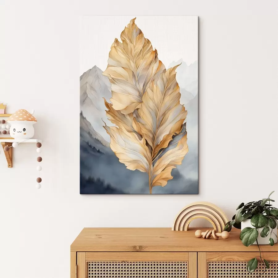 murales de pared Hojas abstractas grandes, amarillas y marrones con detalles intrincados, sobre un paisaje montañoso. s47022