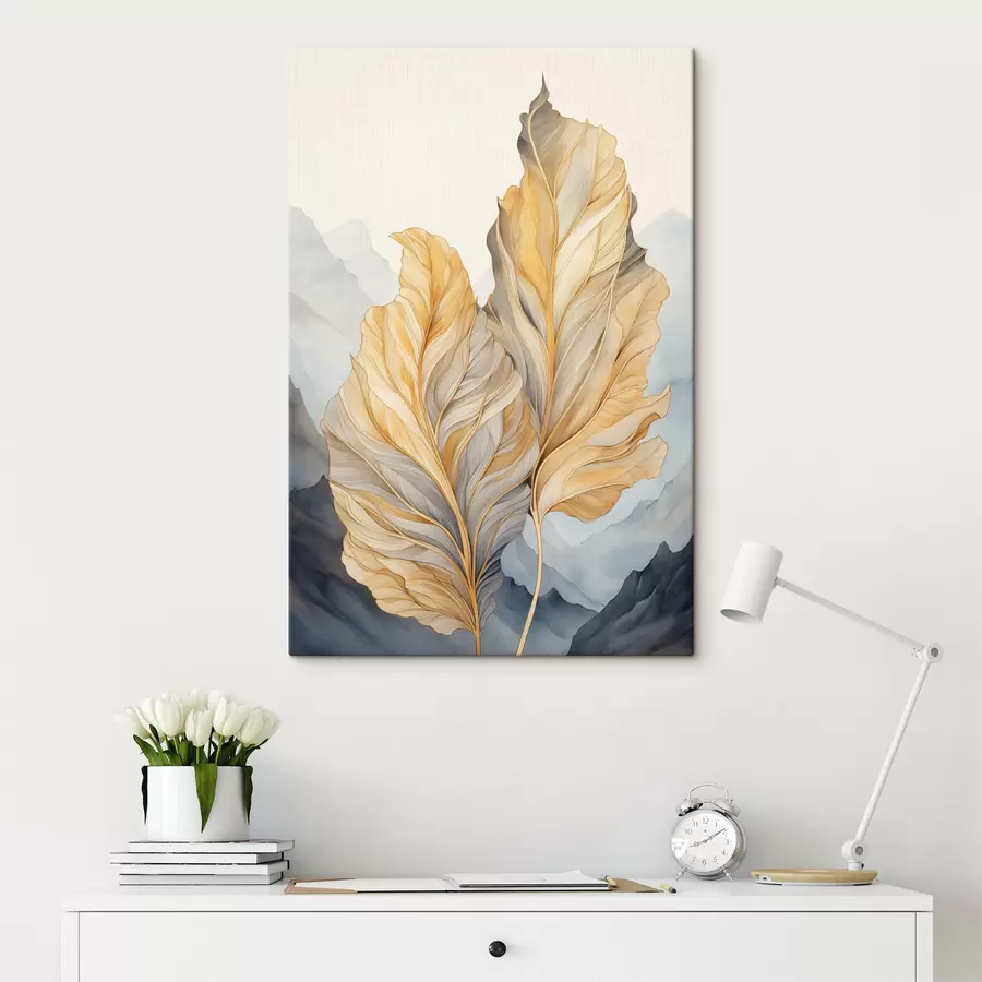 murales de pared Hojas abstractas grandes, amarillas y marrones con detalles intrincados, sobre un paisaje montañoso. s47023