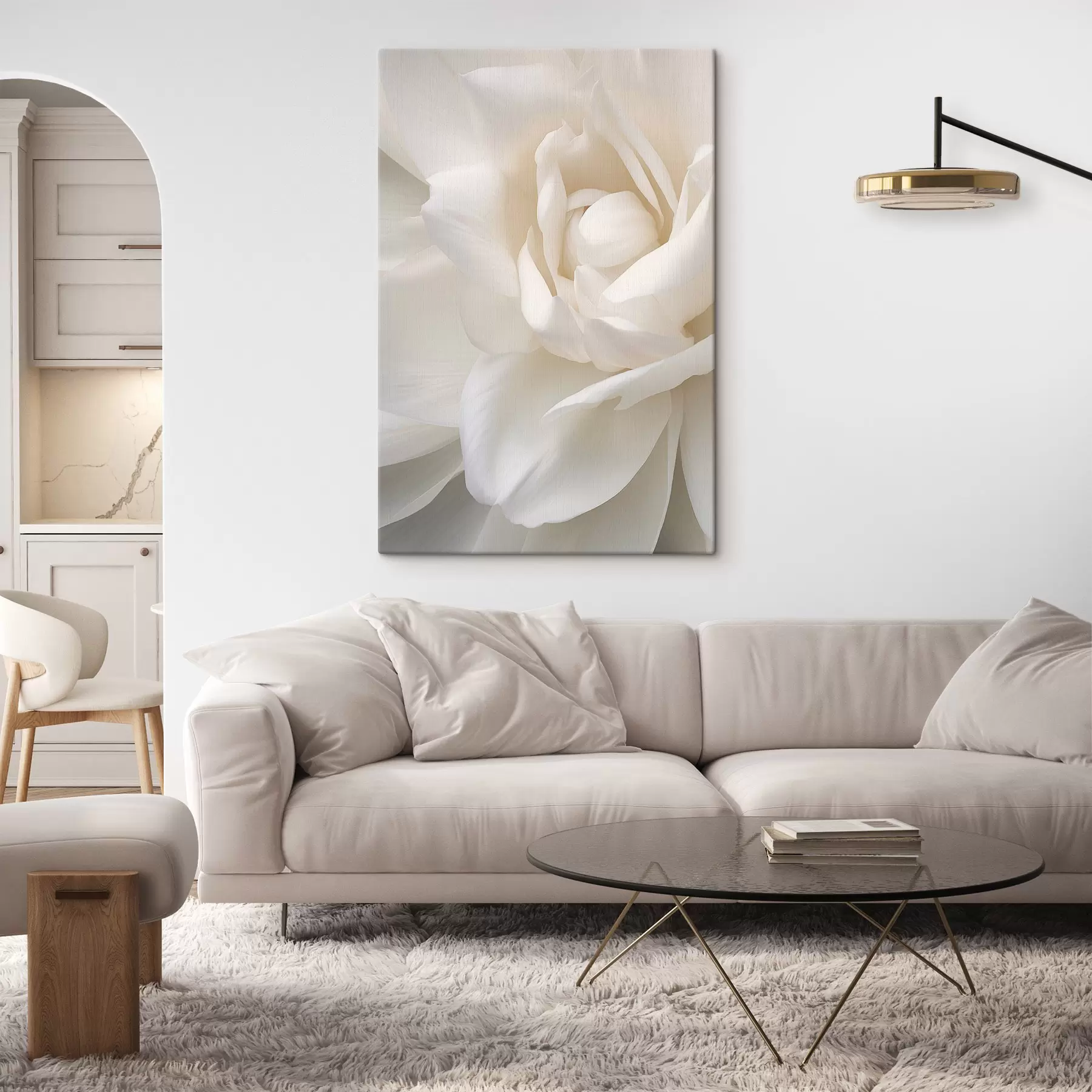 murales de pared Flor abstracta blanca con pétalos delicados y superpuestos, arte minimalista s47025