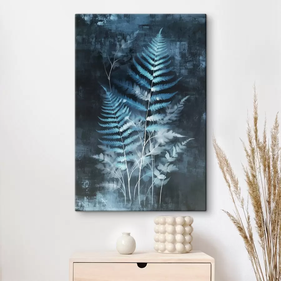 murales de pared Helechos y plantas azules sobre un fondo oscuro y texturizado, con énfasis en los detalles intrincados, efecto radiográfico. s47026