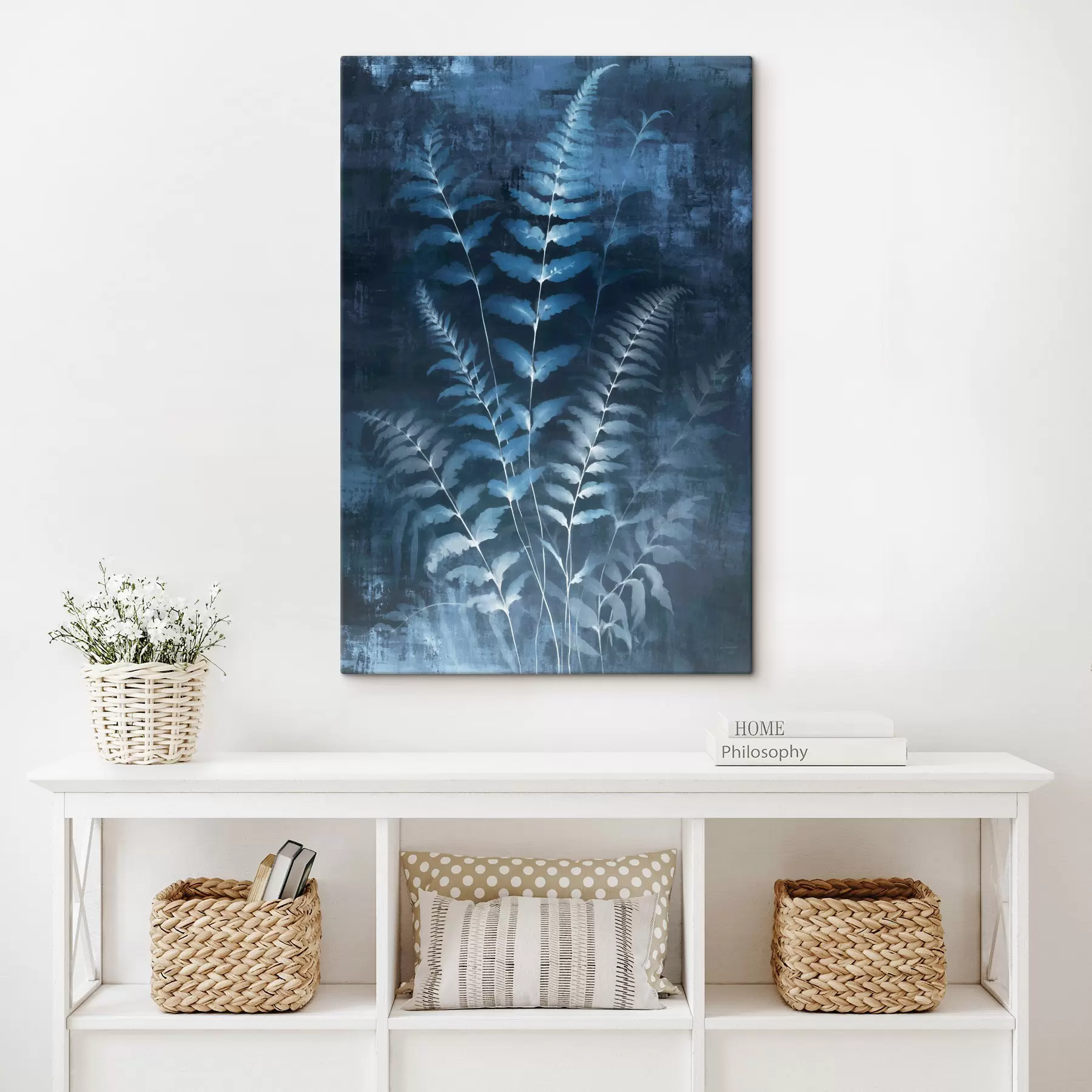 murales de pared Helechos y plantas azules sobre un fondo oscuro y texturizado, con énfasis en los detalles intrincados, efecto radiográfico s47027