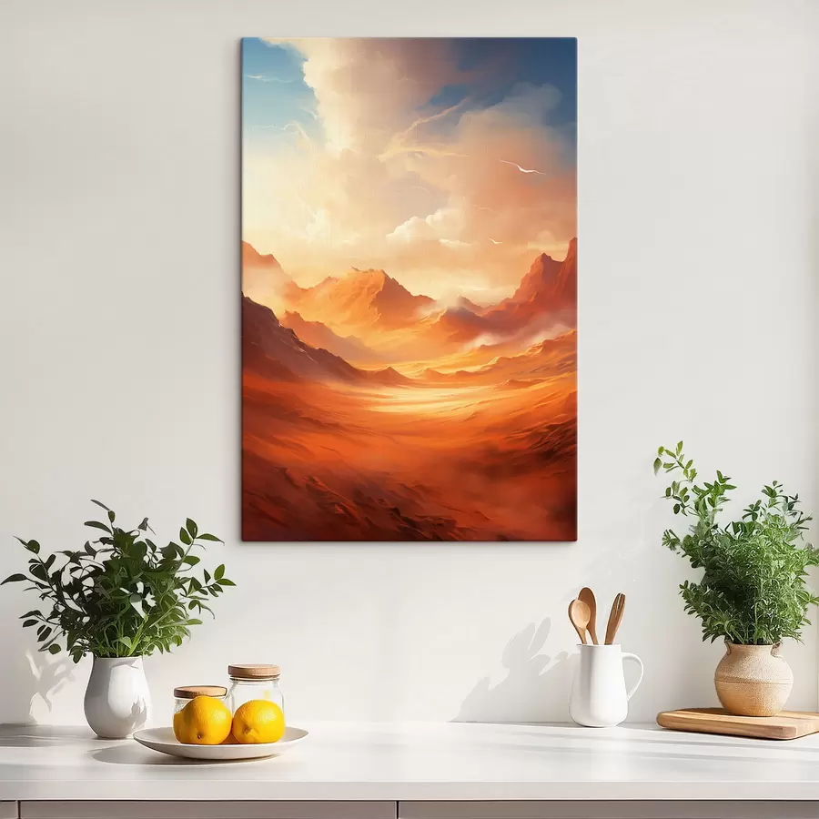 murales de pared Un vasto paisaje desértico de color naranja con imponentes montañas rocosas bajo un cielo brumoso y soleado con nubes tenues. s47028