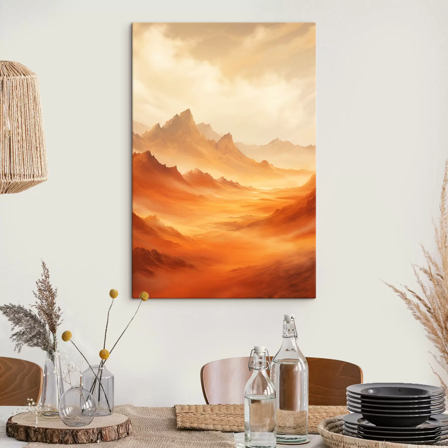 murales de pared Un vasto paisaje desértico de color naranja con imponentes montañas rocosas bajo un cielo brumoso y soleado con nubes tenues s47029