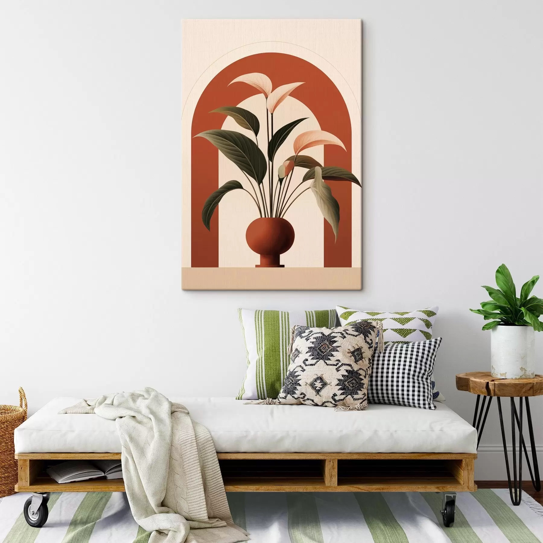 murales de pared Planta abstracta en maceta con grandes hojas verdes y beige delante de un arco de color crema con detalles en terracota s47032