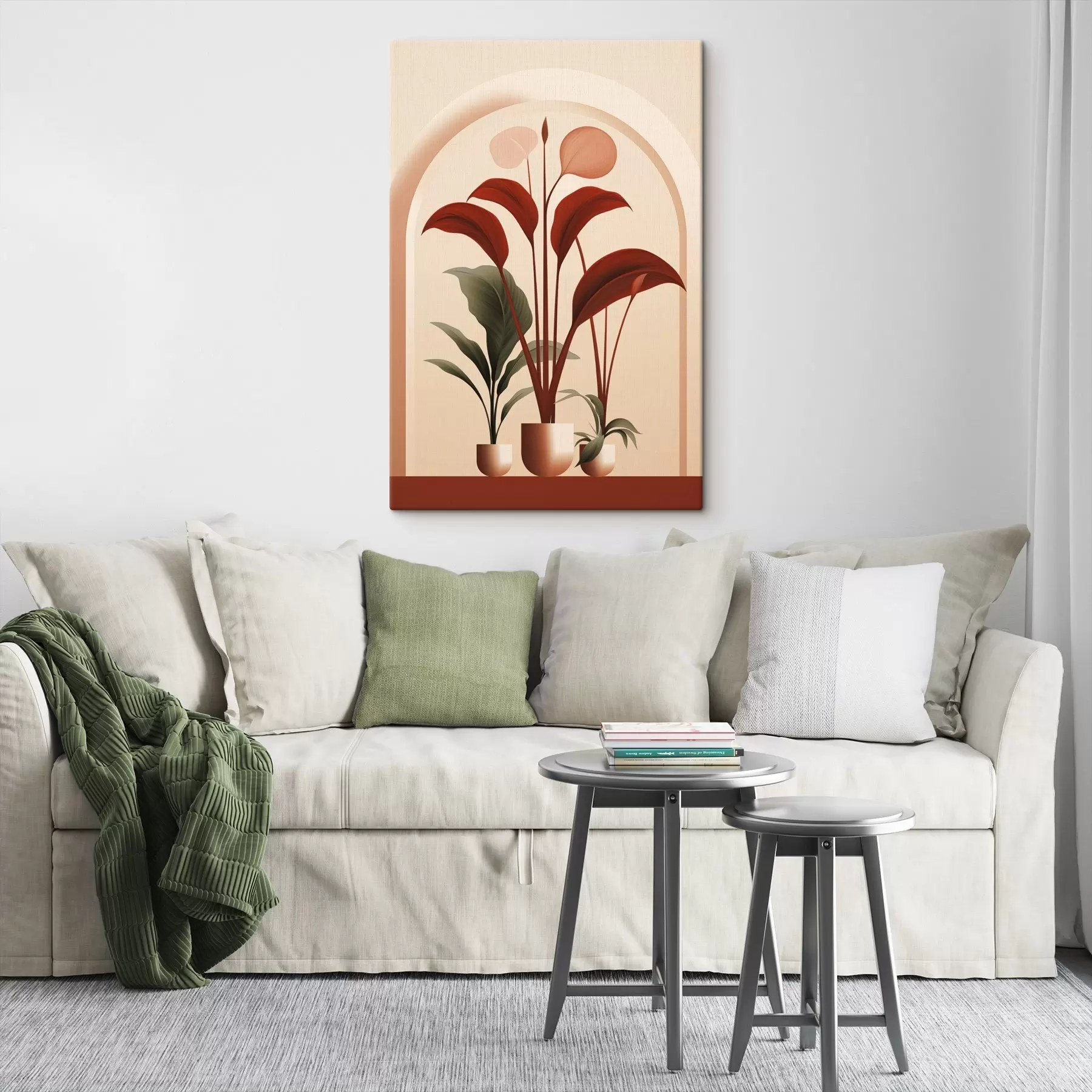 murales de pared Plantas abstractas en macetas con grandes hojas verdes y rojas delante de un arco de color crema s47033