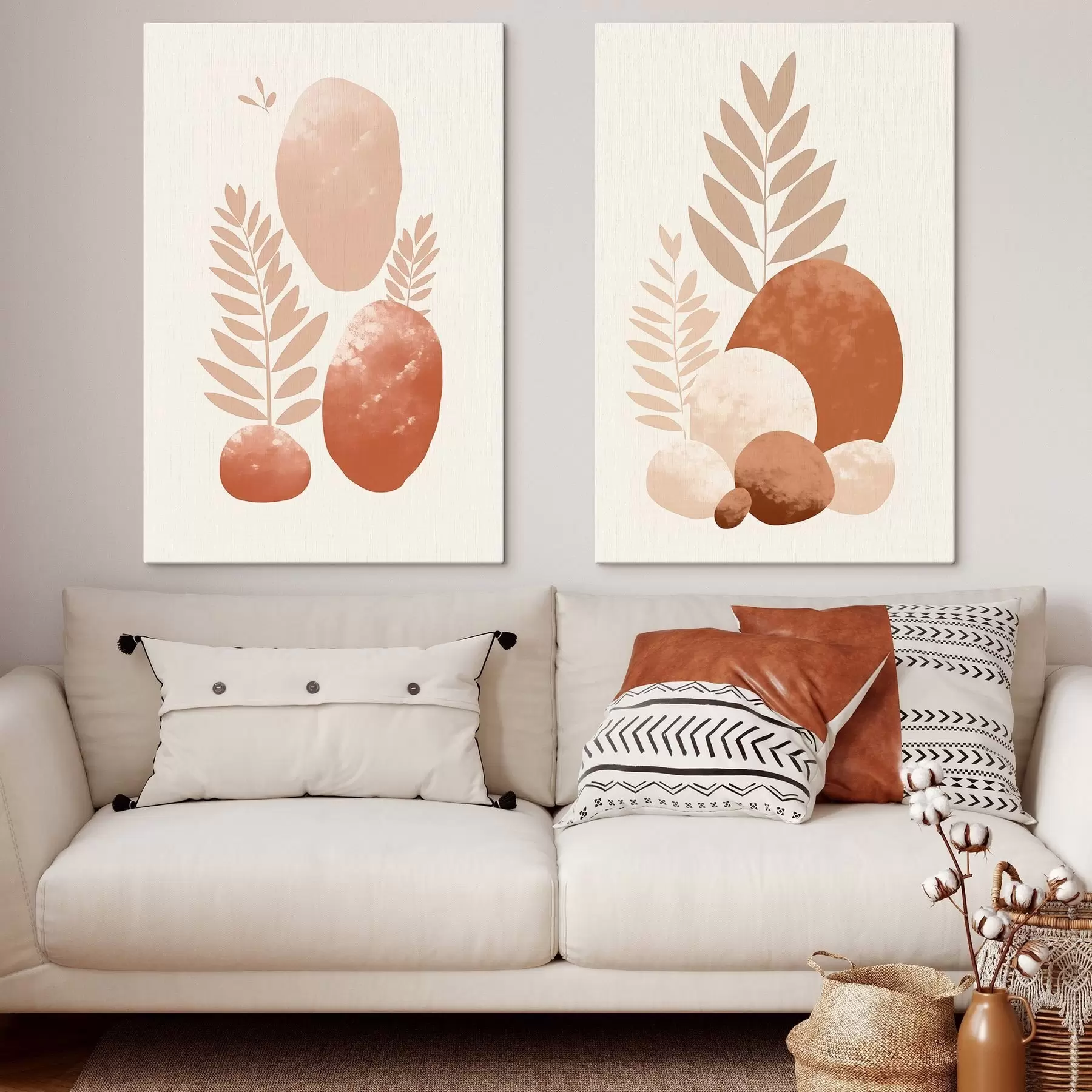 murales de pared Formas abstractas, piedras y hojas con textura en tonos melocotón y terracota apagados, minimalistas, fondo crema m01114