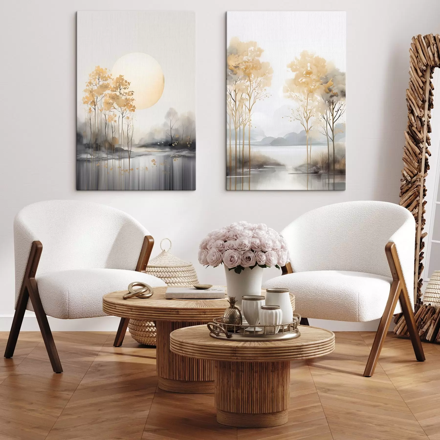 murales de pared Paisaje abstracto decorativo, árboles altos con hojas amarillas, un río y niebla al fondo m01115