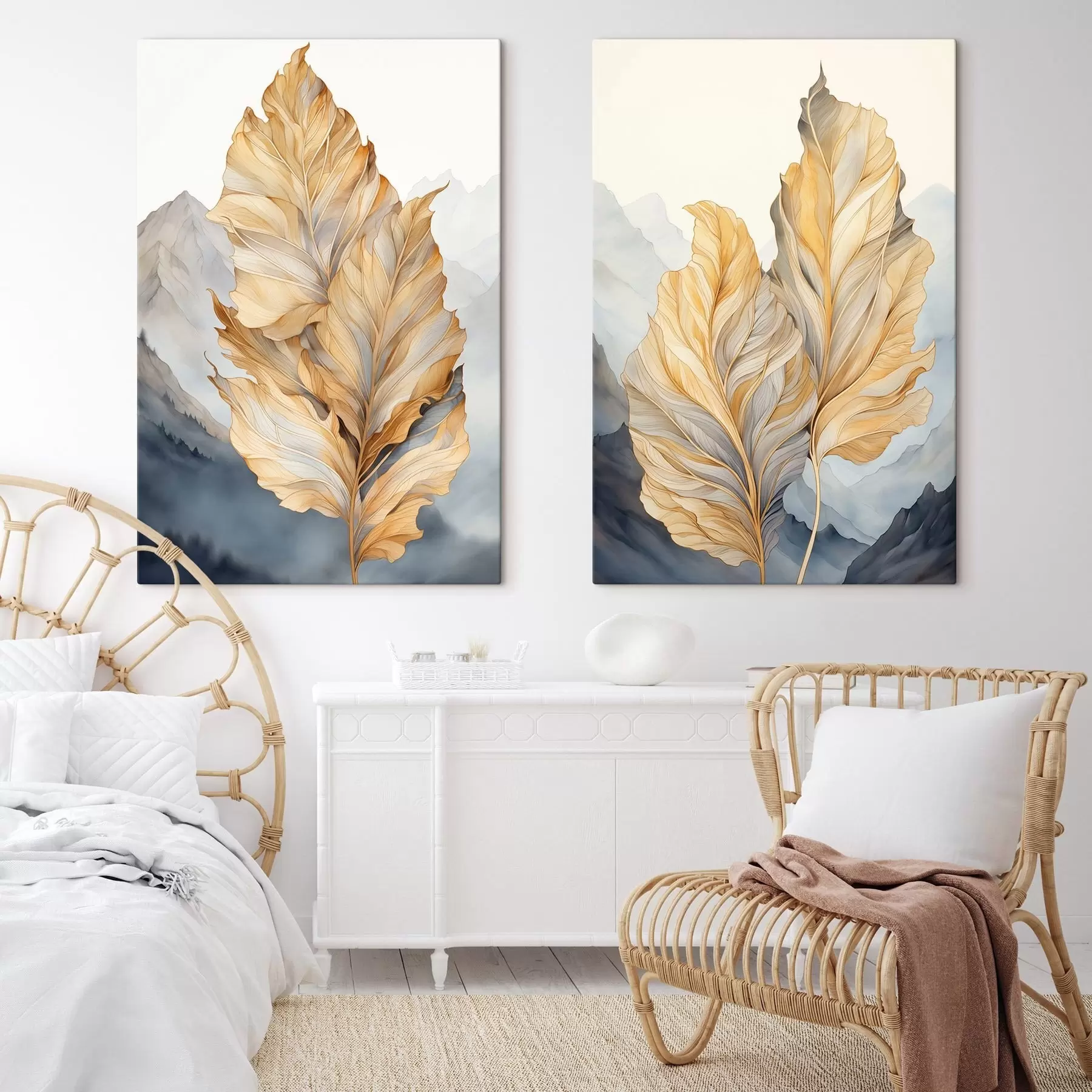 murales de pared Hojas abstractas grandes, amarillas y marrones con detalles intrincados, sobre un paisaje montañoso m01119