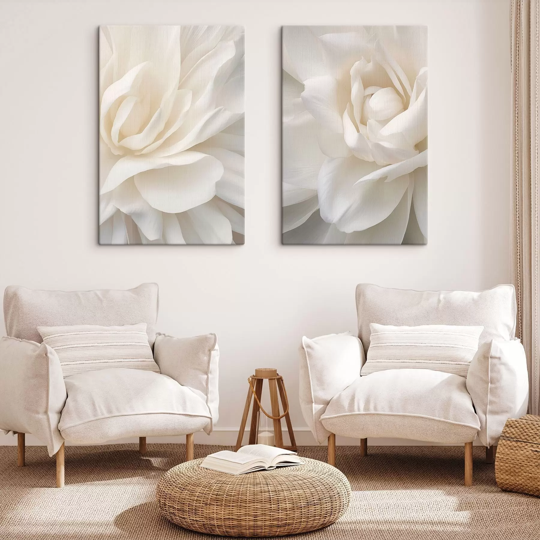 murales de pared Flor abstracta blanca con pétalos delicados y superpuestos, arte minimalista m01120