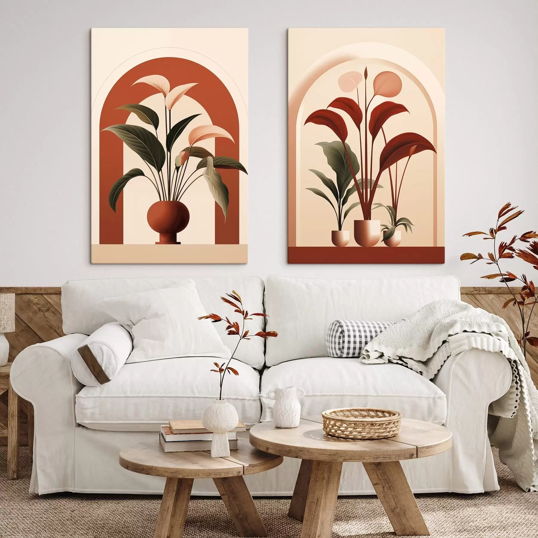 murales de pared Plantas abstractas en macetas con grandes hojas verdes y rojas delante de un arco de color crema m01124