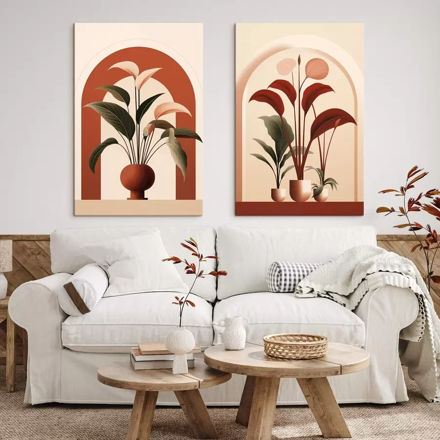 murales de pared Plantas abstractas en macetas con grandes hojas verdes y rojas delante de un arco de color crema. m01124