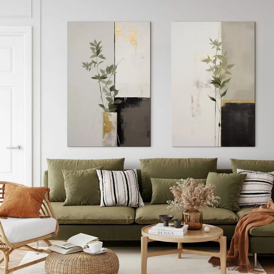 murales de pared Una pintura minimalista con textura de un jarrón con hojas verdes sobre un fondo de formas geométricas abstractas. m01126