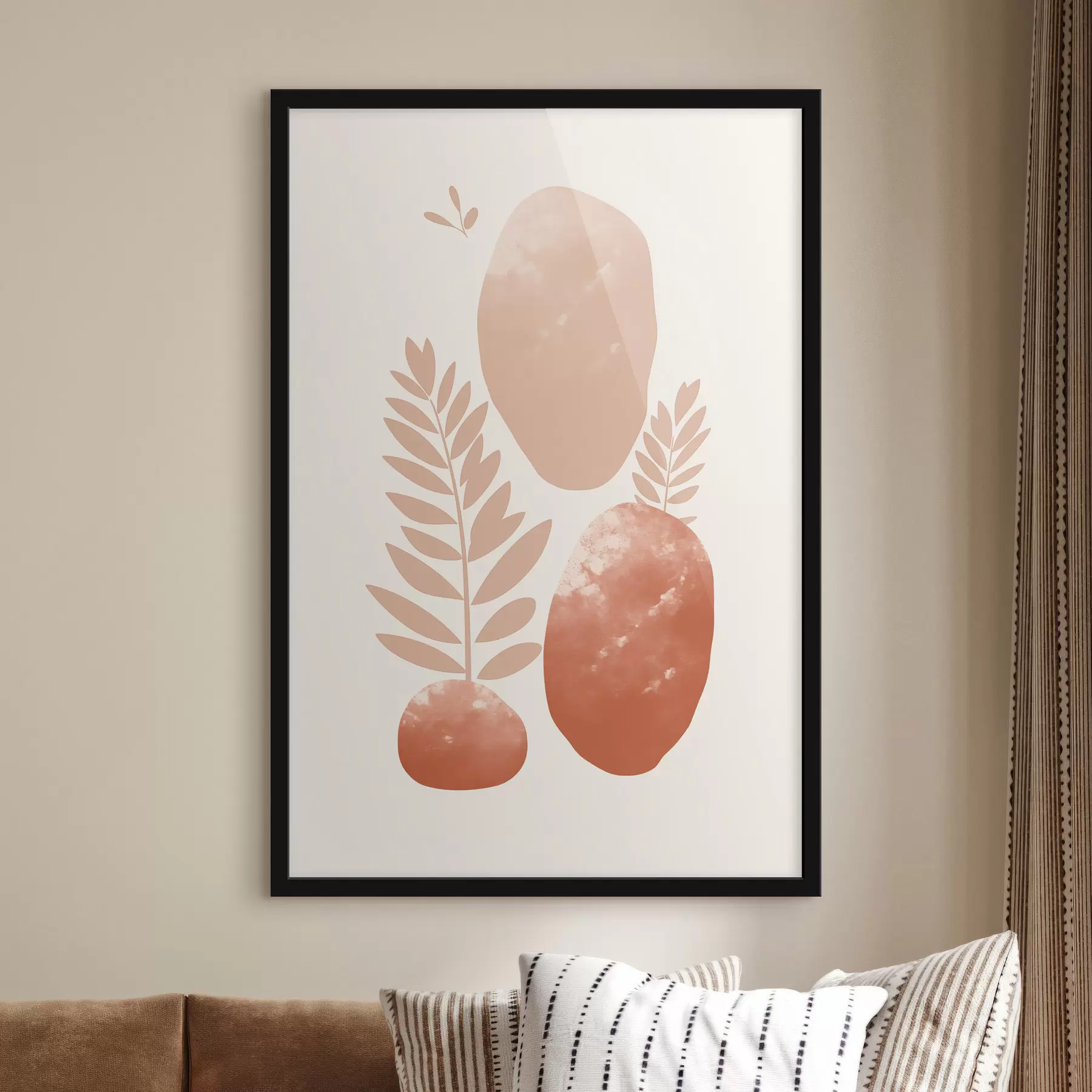 murales de pared Formas abstractas, piedras y hojas con textura en tonos melocotón y terracota apagados, minimalistas, fondo crema f47012