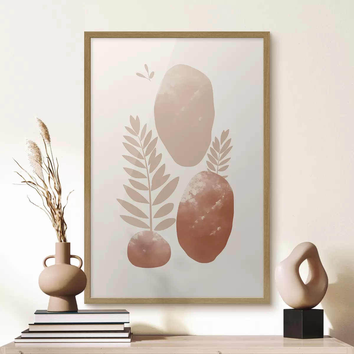 Poster Formas abstractas, piedras y hojas con textura en tonos melocotón y terracota apagados, minimalistas, fondo crema f47012