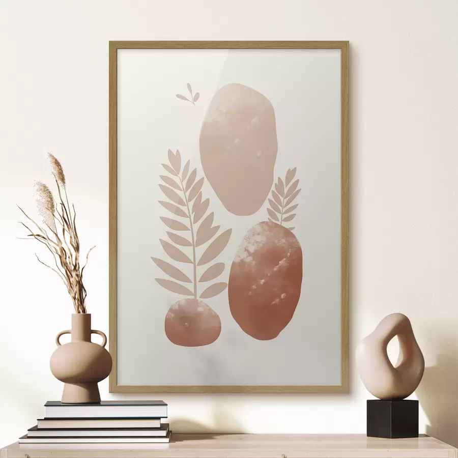murales de pared Formas abstractas, piedras y hojas con textura en tonos melocotón y terracota apagados, minimalistas, fondo crema f47012