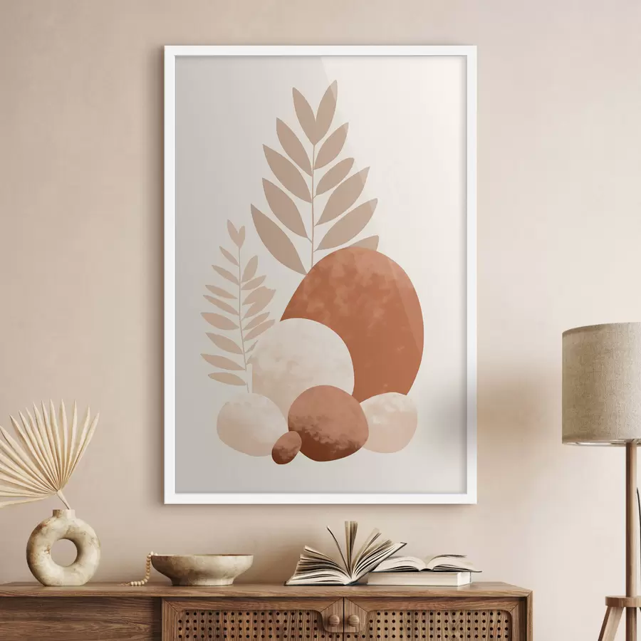 murales de pared Formas abstractas, piedras y hojas con textura en tonos melocotón y terracota apagados, minimalistas, fondo crema. f47013