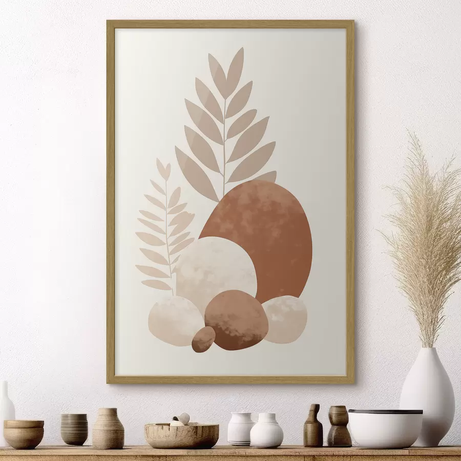 murales de pared Formas abstractas, piedras y hojas con textura en tonos melocotón y terracota apagados, minimalistas, fondo crema f47013
