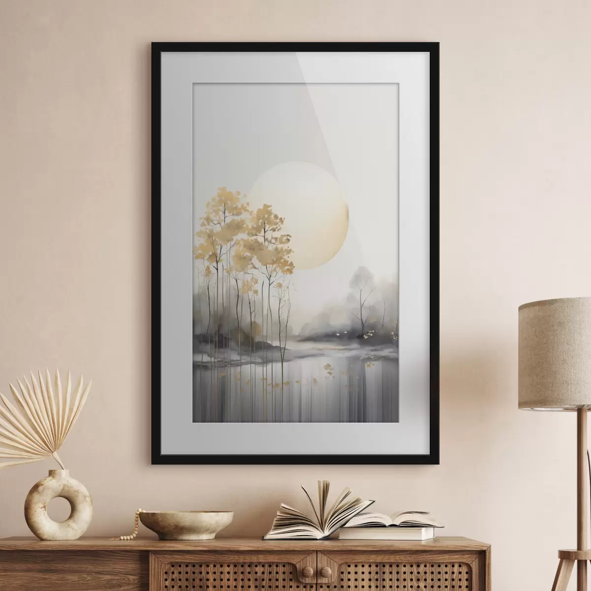 Poster Paisaje abstracto decorativo, árboles altos con hojas amarillas, un río y niebla al fondo f47014