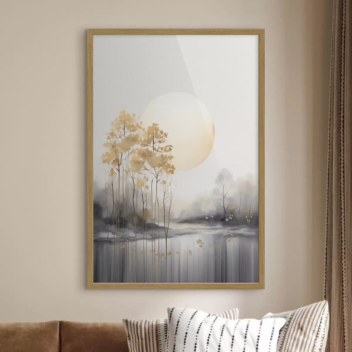 Poster Paisaje abstracto decorativo, árboles altos con hojas amarillas, un río y niebla al fondo f47014