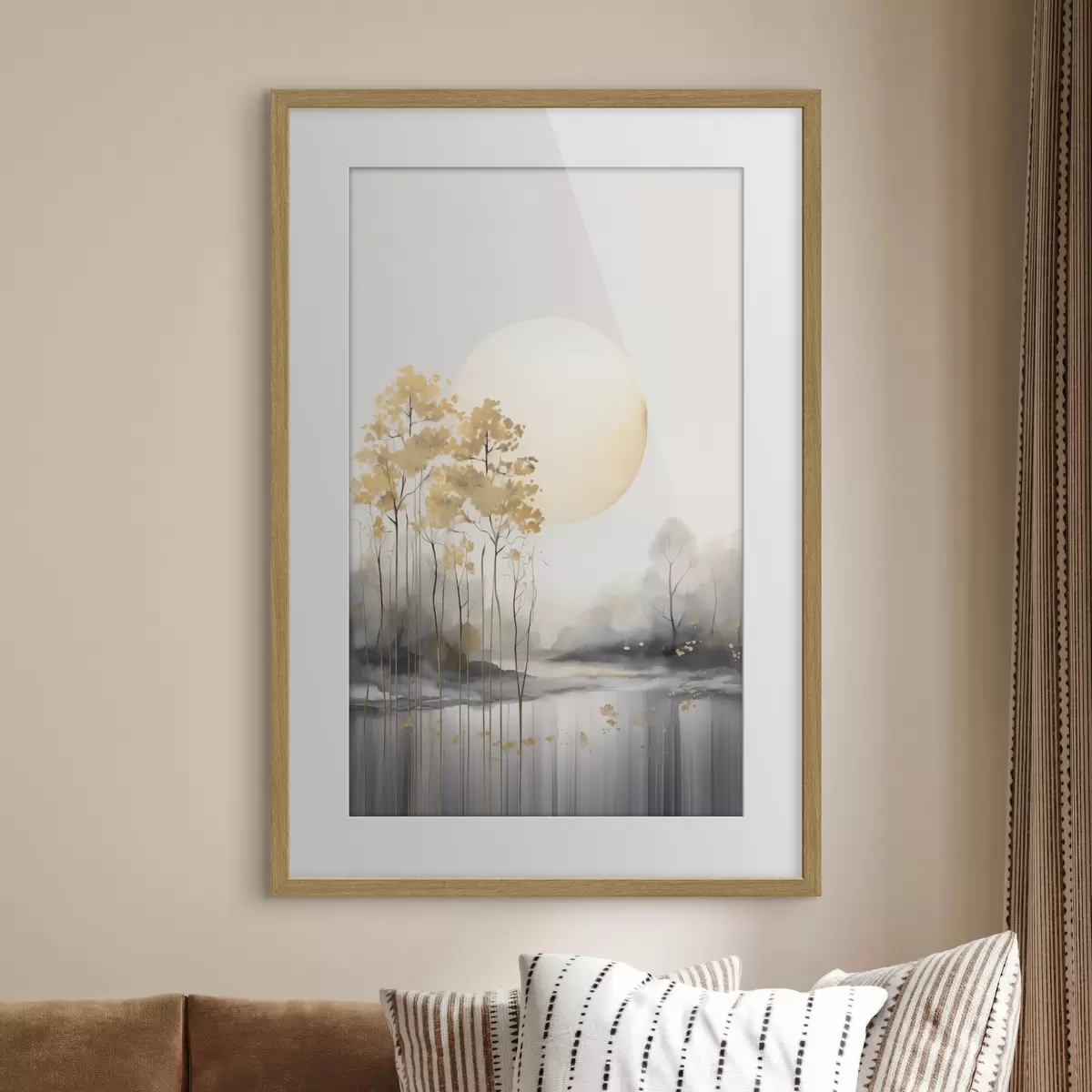 Poster Paisaje abstracto decorativo, árboles altos con hojas amarillas, un río y niebla al fondo f47014