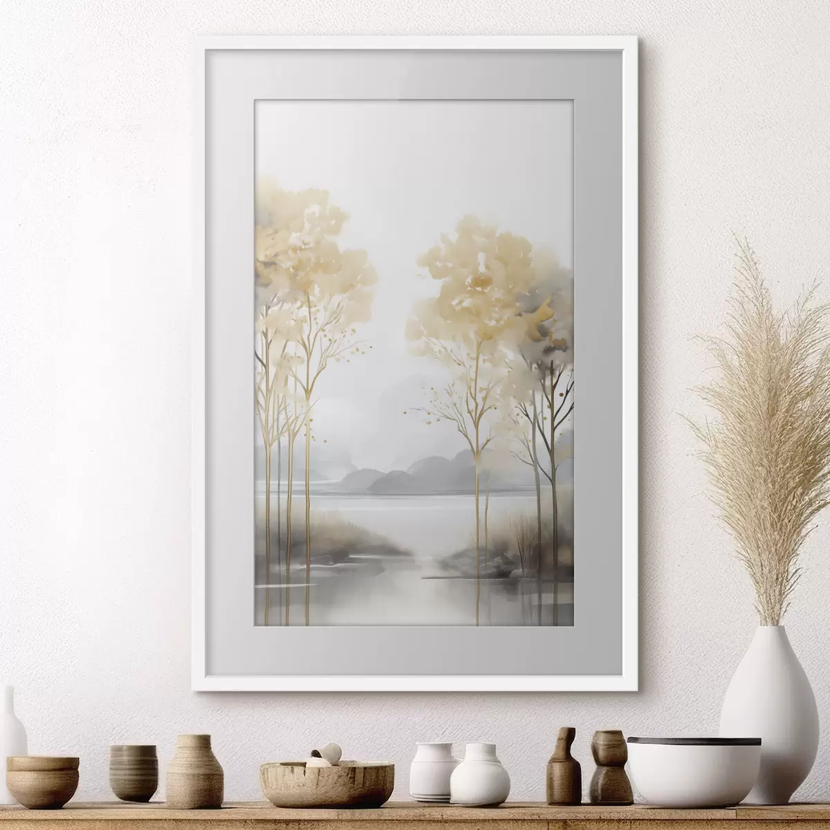 Poster Paisaje abstracto decorativo, árboles altos con hojas amarillas, un río y niebla al fondo f47015